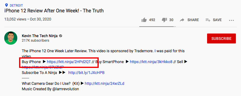 affiliate links in video description
